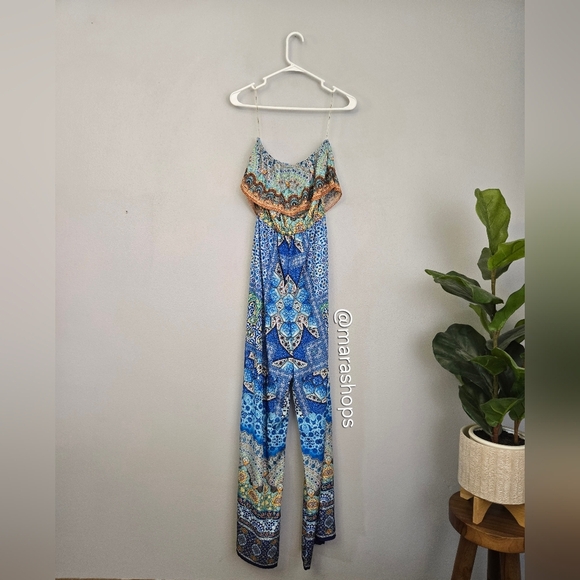 Shahida Parides Strapless Blue Crystal Print Wide Leg Jumpsuit - Picture 7 of 10